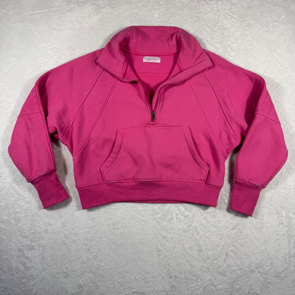 Espoir Women‎ Pink Quarter Zip Cropped Sweatshirt Fleece Pullover Thumbholes S